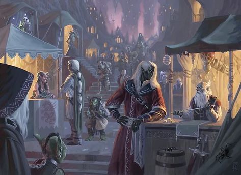 D&D: An Adventurer's Guide To Menzoberranzan - Bell of Lost Souls Dnd Underground City, Fantasy Bazaar, Drow City, Mroczny Elf, Elf City, Underground City, Setting Inspiration, Dark Elves, Forgotten Realms