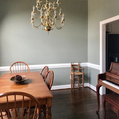 Evergreen Fog Paint Color, Fog Paint Color, Evergreen Fog Paint, Craftsman Dining Room, Evergreen Fog, Dining Room Accent Wall, Green Grey Paint, Dream Dining Room, Green Accent Walls