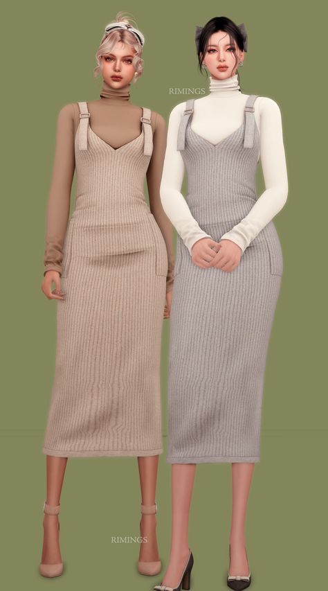 [RIMINGS] Suspenders Knit Dress & Turtleneck Shirt | Patreon Cc Patreon, Cold Weather Dresses, Sims 4 Tsr, Winter Outfits Aesthetic, Tumblr Sims 4, Sims 4 Dresses, Winter Dress Outfits, Cold Outfits, Sims 4 Mods Clothes