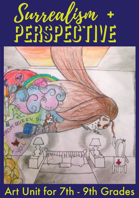 Combine Surrealism and One-Point Perspective for striking artwork that kids love.  Includes art history, student examples, vocab quiz, rubric, drawing tutorials, and more.  Middle school art class drawing project. Middle School Surrealism Art Projects, Art Class Drawing, Surrealism Art Projects, Drawing Art Projects, Art History Student, Teaching Perspective, One Point Perspective Drawing, Class Drawing, History Student