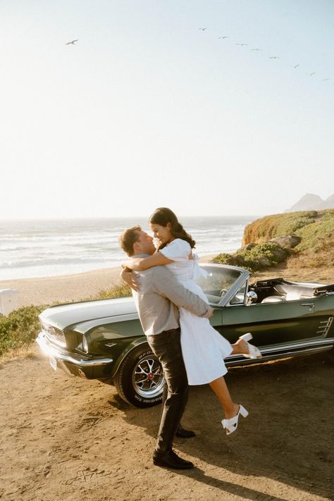 Pacific Highway Engagement Shoot | raquelkingphotography.com Mustang Photography, Car Engagement Photos, Vintage Engagement Photos, Pacific Highway, Vintage Mustang, Candid Engagement Photos, King Photography, King Photo, Vintage Couples