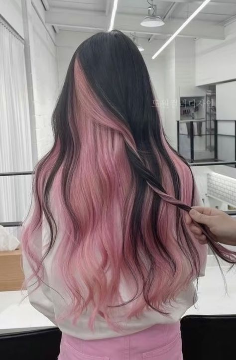 Brown Hair With Pink Peak A Boo, Brunette Pink Peekaboo, Black With Pink Tips Hair, Dark Hair With Light Pink Highlights, Black And Pink Hair Ombre, Brown Hair Dyed Pink No Bleach, Long Brown Hair With Pink Highlights, Black Hair With Light Pink Highlights, Pink Hair With Black Highlights