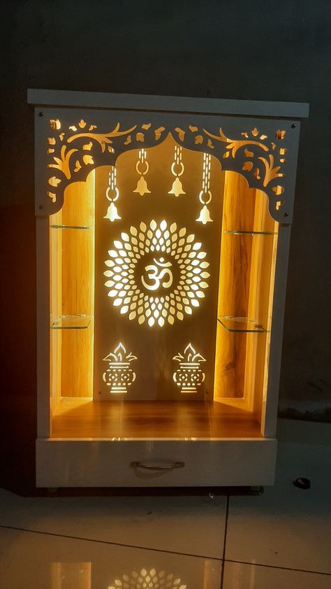 Wpc Jali Design Mandir, Puja Room Background Design, Devudi Mandiram Designs, Wood Temple Design, Wood Mandir Design, Mandir Back Wall Design, Wall Colour Design, Small Pooja Unit, Mandir Design Puja Room