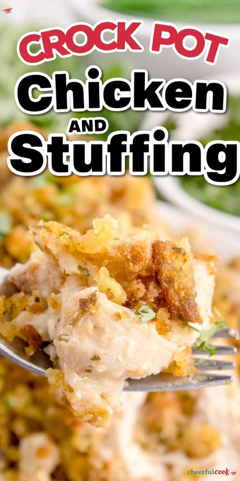 Whip up this effortless Crockpot Chicken and Stuffing for a warm, comforting meal that takes minimal prep. Ideal for those hectic evenings when you want a hearty dinner ready and waiting. #CheerfulCook #CrockPot #CrockPotChickenDinner #ChickenandStuffing ♡ cheerfulcook.com Chicken Stuffing Sandwiches, Crockpot Stuffing Chicken, Crockpot Chicken Stuffing Recipes, Easy Chicken And Dressing, Easy Chicken And Dressing Recipe, Crock Pot Chicken And Dressing, Crock Pot Chicken And Dressing Easy, Crockpot Chicken And Dressing Recipes, Crock Pot Chicken And Stuffing