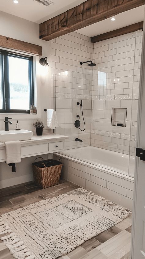 28 Modern Farmhouse Bathroom Ideas Country Modern Bathroom Ideas, Modern Farmhouse Ensuite Bathroom, Modern Bathtub Ideas, Ranch Style Master Bath, Big Farmhouse Bathroom, Country Farm Bathroom, Small Space Home Ideas, White Modern Farmhouse Interior, Bathroom Renovation With Tub