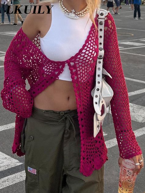 Crochet Store, Female Streetwear, Y2k Cardigan, Cardigans Women, Long Sleeve Sweaters, Autumn Casual, Summer Crochet, Streetwear Women, Crochet Cardigan