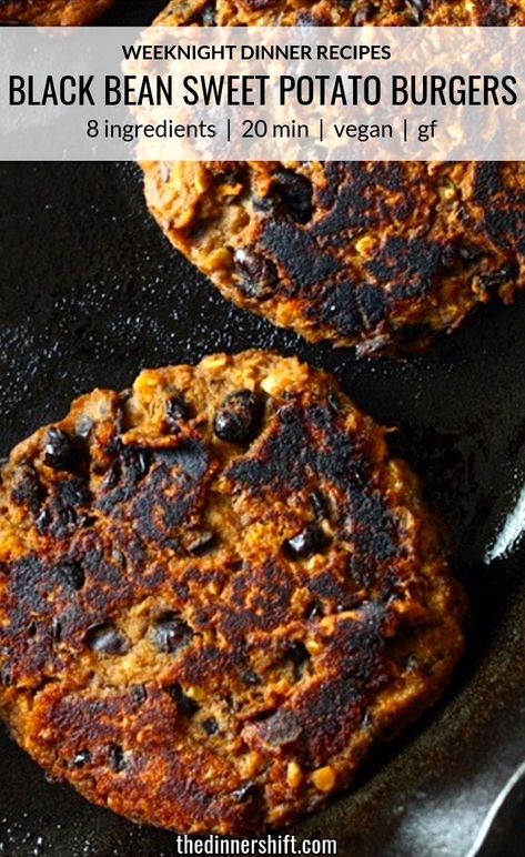 A sweet potato, can of black beans, oats and a handful of basic spices become the simplest midweek veggie burger you’ve ever made. These vegan Black Bean Sweet Potato Burgers are ready in 20 minutes. Serve with or without buns, topped with avocado, lime juice and salsa. #thedinnershift #quickveggieburger #homemadeveggieburger #veganburger #blackbeanburger Veg Burger, Black Bean Sweet Potato, Microwave Sweet Potato, Pantry Recipe, Homemade Veggie Burgers, Sweet Potato Burgers, Black Bean Burger, Cooking Oatmeal, Veggie Burgers Recipe