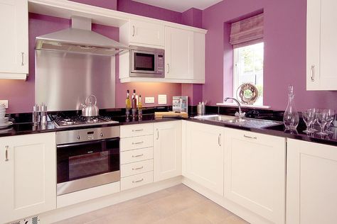 Traditional kitchen in white and lighter tones of purple Purple Kitchen Walls, Violet Kitchen, Lavender Kitchen, Two Tone Kitchen Cabinets, Cabinet Painting, Purple Kitchen, Black Countertops, Shaker Kitchen Cabinets, Amazing Kitchen