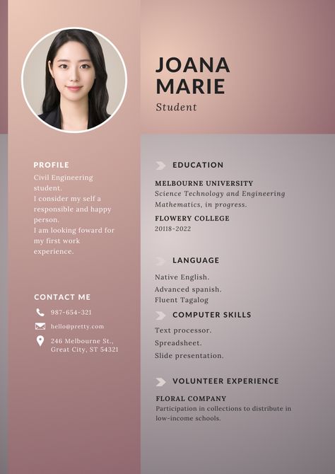 A simple resume type for students to use Cosmetology Student, Student Resume, Simple Resume, Computer Skills, University Student, Civil Engineering, Work Experience, Cosmetology, Science And Technology