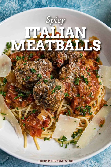 Spicy Italian Meatballs Recipe - Chili Pepper Madness Spicy Italian Meatballs, Calabrian Chili Paste, Spiral Potato, Chili Pepper Recipes, Italian Meatballs Recipe, Calabrian Chili, Italian Meatballs, Meatballs Recipe, Chili Paste