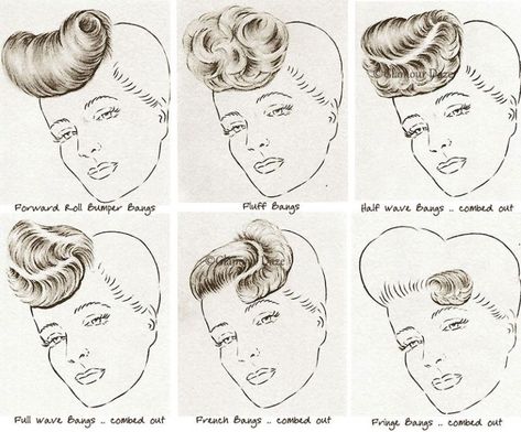 Hair Bangs - Vintage 1940's Hairstyle Tutorials Poodle Bangs Hairstyle, Vintage Hat Hairstyles, 1940s Hairstyles With Bangs, 1940s Hairstyles Women, 50s Bangs, Pin Up Bangs, 1940's Hair, Bumper Bangs, Pinup Hair Tutorial