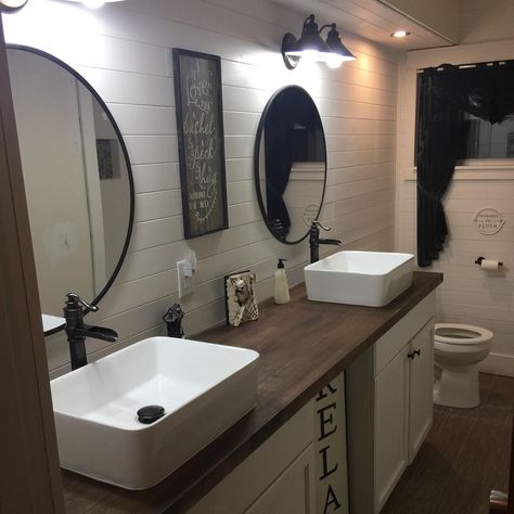 Above Counter Bathroom Sink Farmhouse, Wooden Counter Bathroom, Bathroom Wooden Countertop, Bathroom Sinks On Top Of Counter, Butcher Block Bathroom Sink, Counter Top Sinks, Butcher Block Countertops In Bathroom, Butcher Block Counter Bathroom, Wooden Bathroom Vanity Top