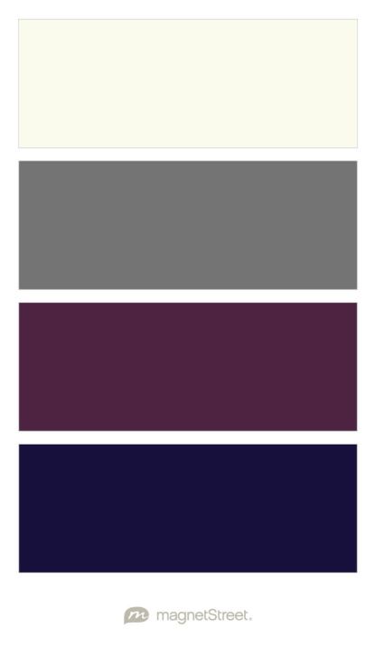 Ivory, Charcoal, Deep Purple, and Midnight Blue Wedding Color Palette - custom color palette created at MagnetStreet.com Eggplant Wedding Colors, Lounge Layout, Midnight Blue Wedding, Charcoal Wedding, Gray Wedding Colors, Bedroom Purple, Wedding Colors Purple, Purple Color Palettes, Bathroom Themes