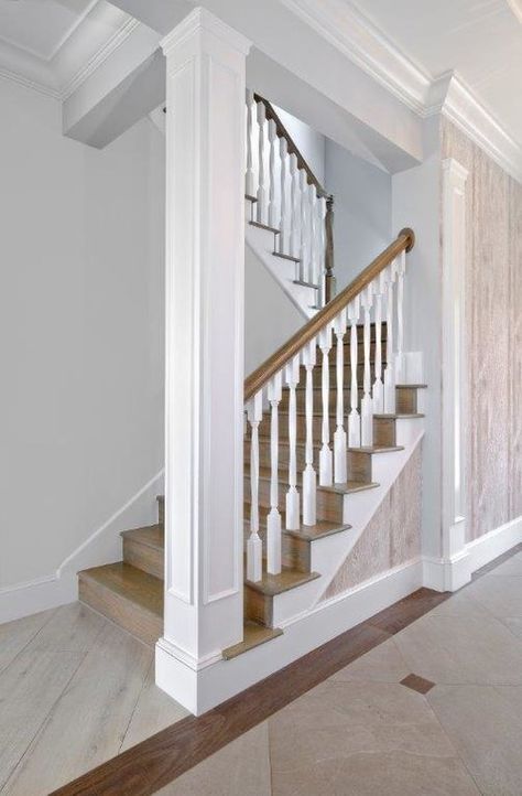 Staircase With Column, Round Staircase Railing Design, Stair Skirt, Stairway Makeover, Columns Interior, Custom Staircase, Stair Posts, White Staircase, Luxury Staircase