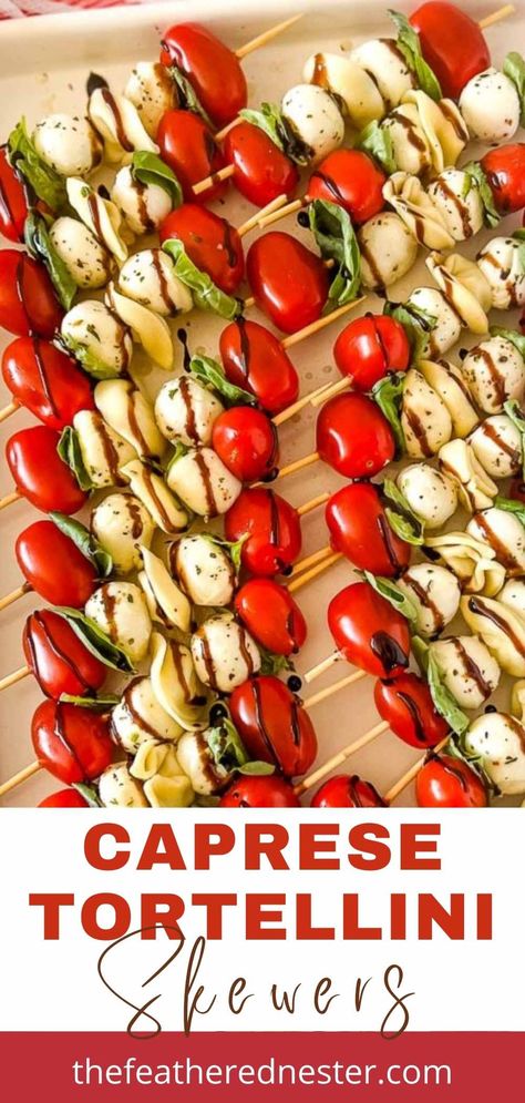 Looking for a delicious and easy tortellini appetizer? Look no further than these Tortellini Caprese skewers! These fun skewers are simple to make and taste amazing. Plus, they're perfect for any occasion - from birthday parties to game day gatherings. Everyone will love these Caprese skewers with balsamic drizzle. Antipasto Skewers With Tortellini, Tortellini Skewers Appetizers, Easy Skewer Appetizers, Bake Appetizers, Tortellini Appetizer, Boat Meals, Quick Party Appetizers, Easy Tortellini, Caprese Appetizer