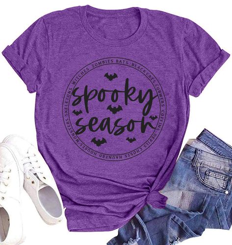 PRICES MAY VARY. 【Halloween T Shirt for Women】 This halloween Spooky Season t shirt is cotton blend ,which let it be soft, comfortable, lightweight and breathable. It washes and wears well.The fabric is stretchy , the graphics will still stuck around through many washes. 【Perfect Gift】Give this funny halloween spooky season t-shirt as a gift for yourself, your wife,teacher, female friends,girlfriend your monther will be a great idea. Great for halloween, thanksgiving,valentines day,mother's day, Bat Graphic, Hocus Pocus Tee, Fall Tee Shirts, Funny Witch, Matching Halloween, Fall Tee, Women Halloween, Fall Shirt, Female Friends