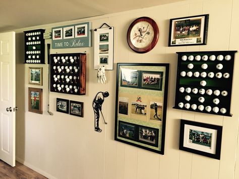 Golf gallery wall Golf Wall Decor Man Cave, Golf Wall Decor Ideas, Golf Themed Office Home Decor, Golf Memorabilia Display, Golf Gallery Wall, Golf Display Ideas, Golf Office Decor Ideas, Golf Themed Room, Golf Office Decor