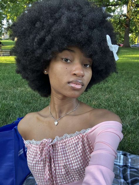 Afro Cottagecore, Poc Hairstyles, Coquette Dollette Aesthetic, Curly Hair Afro, Cottagecore Pink, Aesthetic Hairstyles, Hair Afro, 4c Natural Hair, Black Femininity