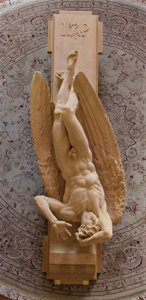 POSTER - Icarus, 2015, wooden sculpture (red willow) by the Ukrainian artist Bogdan Goloyad (born 1967). Height 162 cm, width 58 cm.  In Greek mythology, Icarus was the son of the master craftsman Daedalus, the creator of the Labyrinth. They attempted to escape from Crete by means of wings that Daedalus constructed from feathers and wax. Icarus ignored his father's instruction not to fly too close to the sun. When the wax in his wings melted, he tumbled out of the sky and drowned in the sea. Biblical Sculptures, Icarus Statue, Icarus Sculpture, Ares Statue, Greek Mythology Icarus, Old Statues, Daedalus And Icarus, Male Statue, Greek Man