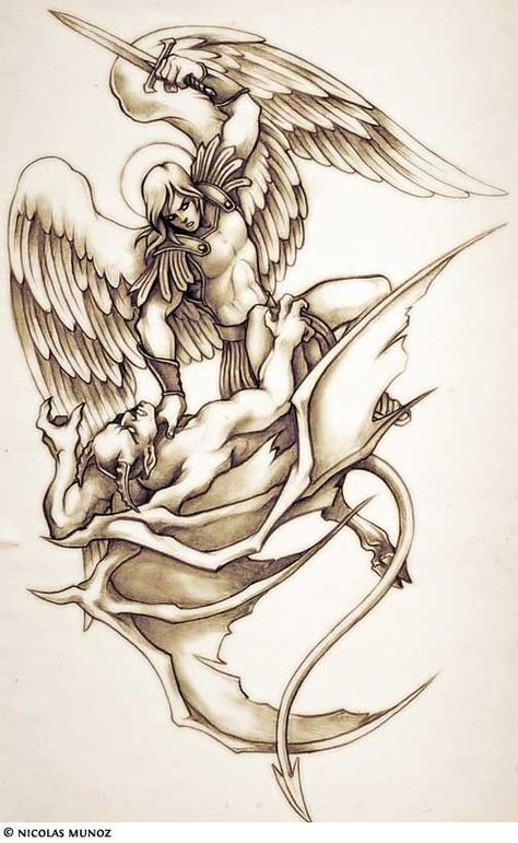 250+ Best Angel Devil Tattoo Designs (2020) Demon vs God Ideas Angel Demon Tattoo, Archanděl Michael, Archangel Michael Tattoo, Angel Devil Tattoo, Guardian Angel Tattoo, Tattoo Painting, Archangel Tattoo, Pola Tato, Arte Doodle