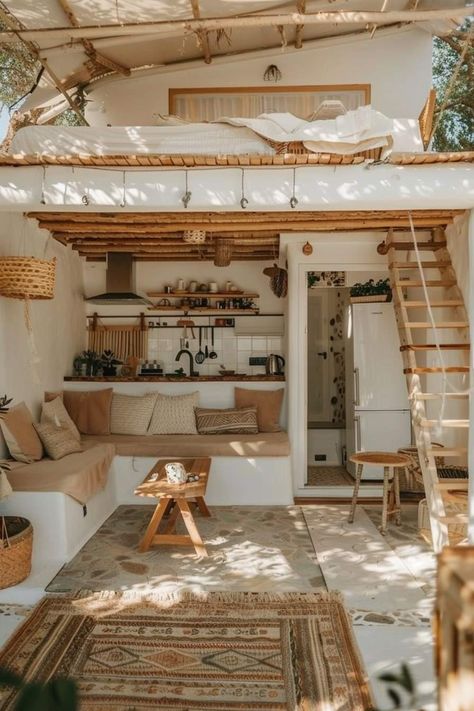 Modern Tiny Cabin Interior, Inside Cottage Homes, Earthy Tiny House, Boho Tiny House Interiors, Boho Tiny House, 500 Dollars, Tiny House Village, House Village, Tiny House Loft