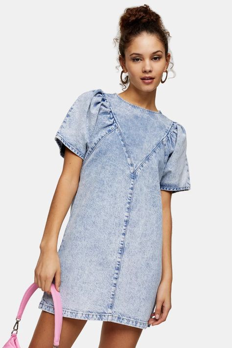 Tea Length Bridesmaid Dresses, Corporate Wear, All Jeans, Topshop Dresses, Acid Wash Denim, Denim Mini Dress, Topshop Outfit, Floral Dresses, Mid Dresses