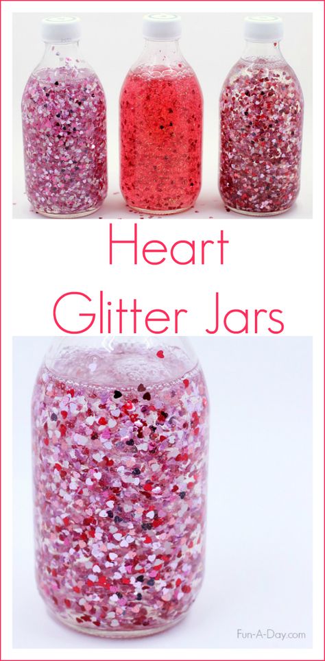 Make a glitter jar for Valentine's Day using heart-shaped glitter - two different ideas for making these sensory bottles Valentine Sensory, Toddler Valentine Crafts, Valentines Bricolage, Discovery Bottles, February Crafts, Valentinstag Party, Glitter Jars, Heart Glitter, Valentine's Day Crafts For Kids