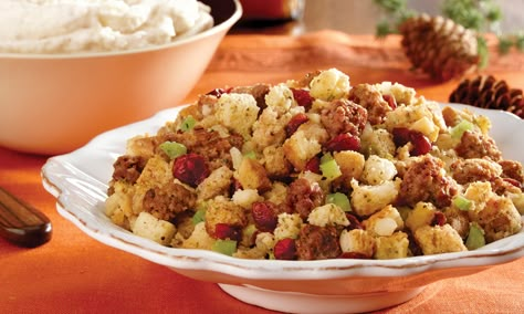 Sausage Cranberry Stuffing Recipe - Bob Evans Farms Yule Dinner, Bob Evans Recipes, Cranberry Stuffing, Cornbread Stuffing Recipes, Sausage Stuffing Recipe, Casserole Side Dishes, Cornbread Stuffing, Sausage Stuffing, Stuffing Ingredients