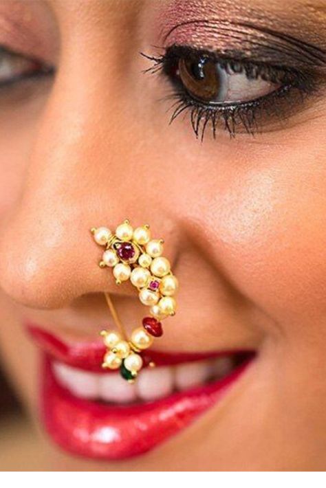 Marathi Nose Pin, Kashta Saree, Marathi Bride, Big Nose Beauty, Lips Art, Nauvari Saree, Nose Pins, Indian Bridal Photos, Nose Pin