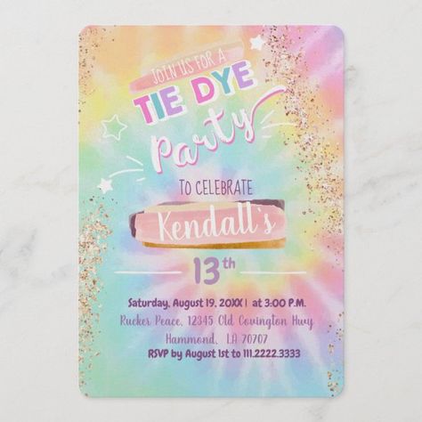 Tie Dye Invitation Sleepover Invitations, Tie Dye Birthday, Tie Dye Party, Hippie Party, Girl Birthday Themes, Teen Birthday, Birthday Themes, 9th Birthday, Birthday Design