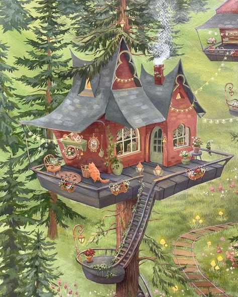 Tree House Illustration, Fairy House Drawing, Houses Traditional, Upbeat Music, Houses Art, Fairy Tree Houses, Doing Chores, Storybook Art, Fairy Tree