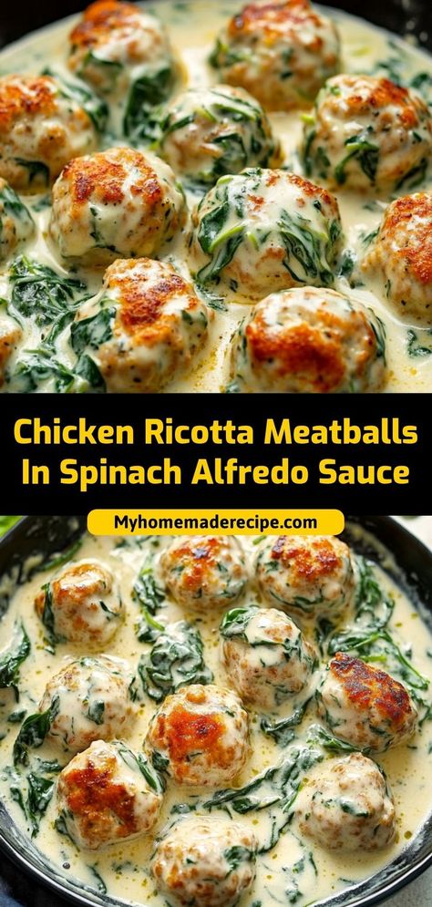 These Chicken Ricotta Meatballs in Spinach Alfredo Sauce are tender, flavorful chicken meatballs stuffed with ricotta cheese, served in a creamy spinach Alfredo sauce. A hearty and comforting meal that’s sure to impress! Ingredients: 1 lb ground chicken 1/2 cup ricotta cheese 1 cup spinach, chopped 1 cup Alfredo sauce A creamy and delicious twist on classic meatballs, ideal for dinner or meal prep Chicken Spinach Ricotta, Chicken Ricotta Meatballs, Spinach Alfredo Sauce, Classic Meatballs, Chicken Ricotta, Ground Chicken Meatballs, Ricotta Meatballs, Stuffed Meatballs, Spinach Alfredo