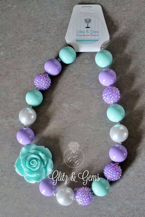 Chunky Bubble Gum Bead Necklace Purple Aqua White Rhinestone www.facebook.com/GlitzGems Bubblegum Necklace Diy, Bubblegum Necklace Ideas, Bubble Gum Bead Ideas, Bubble Gum Necklace, Kids Jewelry Diy, Chunky Bead Necklaces, Bubblegum Necklace, Bubble Necklaces, Necklace Purple