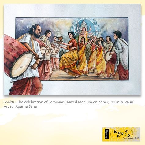 ’Shakti - the celebration of feminism’ by "Aparna Saha" shows a lively celebration by followers of Goddess Durga. In this painting, women are seen dancing in traditional Bengali attire as men play the Dhaki folk drums. #Jumbish #PaintYourWayToFame #JumbishCreations #Artist #Painting #Art #ArtWork Durga Puja Painting Composition, Durga Puja Celebration Drawing, Durga Puja Composition Drawing, Durga Puja Drawing Competition, Diwali Composition Painting, Festival Composition Painting, Festival Memory Drawing, Bengali Attire, Human Composition