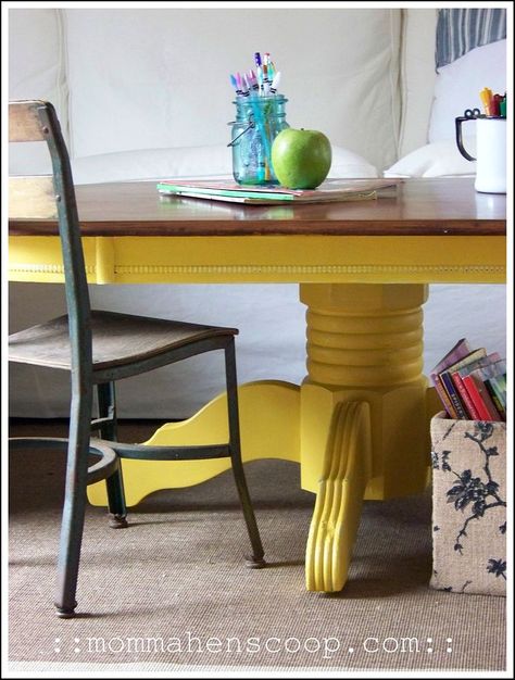 Yellow coffee table makeover Yellow Coffee Table, Painted Dining Room Table, Painted Dining Table, Coffee Table Makeover, Painted Dog, Apartment Stuff, Store Furniture, Yellow Table, Paint Inspiration