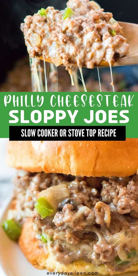 Ground beef with melted cheese sandwiches with Pinterest overlay. Philly Cheese Steak Crock Pot, Cheesesteak Sloppy Joes, Ground Beef Crockpot Recipes, Philly Cheesesteak Sloppy Joes, Beef Sandwich Recipes, Slow Cooker Ground Beef, Ground Beef Dinner, Crockpot Steak, Summer Crockpot Recipes