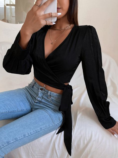 Overlap Collar Tie Side Blouson Sleeve Blouse Knotted Blouse, Blouson Sleeve, Velvet Crop Top, Plain Tops, Women Blouses, Inspiration Mode, Casual Style Outfits, Primavera Estate, Women Clothes Sale