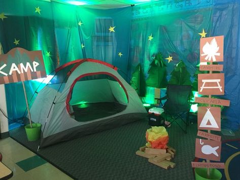 Camping Backdrop Ideas, Camping Theme Parade Float, Camping Theme Photo Backdrop, Tent In Classroom, Reggio Camping Theme, Camp Theme Decor, Summer Camp Classroom Setup, Camping Room Transformation, Camping Book Fair Theme