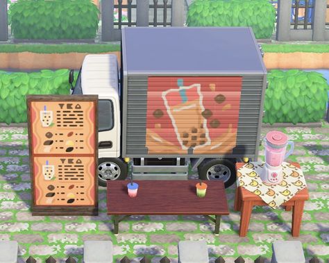 Boba truck & panel: MA-9849-8289-6649 #acnhdesign #animalcrossingnewhorizons Boba Animal Crossing, Animal Crossing Boba Tea Shop, Acnh Bubble Tea Shop, Acnh Boba Truck, Acnh Truck Code, Animal Crossing Boba Shop, Acnh Truck Design, Acnh Coffee Truck, Acnh Boba Shop