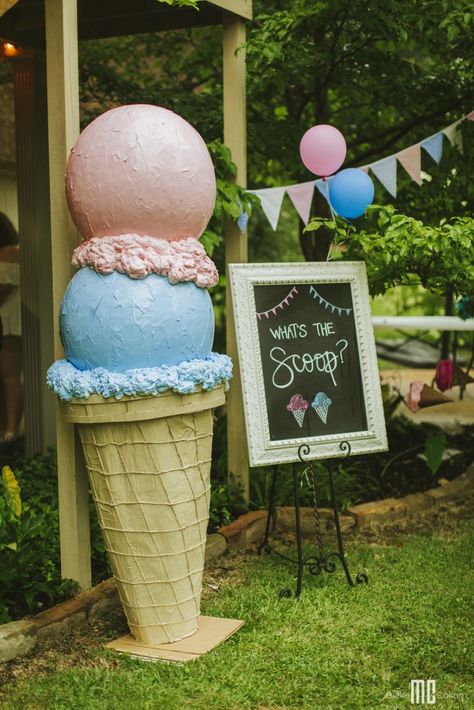 "Get the Scoop" Gender Reveal Party - Superior Celebrations Blog Whats The Scoop Gender Reveal Decor, Scoop Gender Reveal, What's The Scoop Gender Reveal, What’s The Scoop Gender Reveal Diy, Unique Gender Reveal Party Ideas, Gender Reveal Diy, Gender Reveal Dessert, Twin Gender Reveal, Confetti Gender Reveal