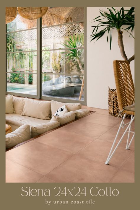 Bring the timeless beauty of cotto to your space with the Siena collection by Urban Coast Tile. These 24x24 floor tiles capture the rustic elegance of Old-World craftsmanship, perfect for creating a warm and inviting atmosphere. Explore more flooring trends and get inspired on our Flooring Trends & Inspiration board! #FlooringTrends #HomeInspiration #UrbanCoastTile #SienaTiles #InteriorDesign Light Saltillo Tile Floor, Rustic Tile Floor Living Room, Terracotta Tiles Living Room Decorating Ideas, Light Tile Floor Living Room, Desert Modern House Interior, Terracotta Floor Living Room, Terracotta Tiles Living Room, Tile In Bedroom, Tiled Living Room