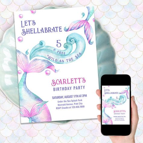 Shellabrate Mermaid Tails Wild as the Sea Birthday Invitation Ocean Bubbles, Birthday Party Mermaid, Summer Birthday Invitations, Mermaid Invitations, Ocean Kids, Mermaid Birthday Invitations, Birthday Party Theme Decorations, Sea Birthday, Mermaid Tails