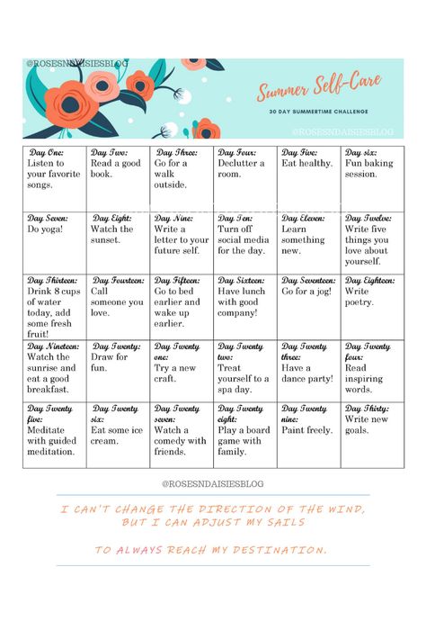 30 Day Summer Self Care Challenge to help grow your mental health and self love! #summerselfcare #selflove June Health Challenge, August Self Care Challenge, July Self Care, July Self Care Challenge, March Self Care Challenge, May Self Care Challenge, June Self Care Challenge, Monthly Self Care Challenge, April Self Care Challenge