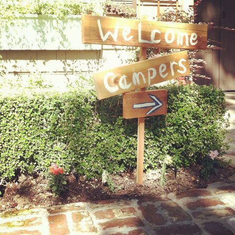 Camping birthday-welcome sign Girls Camp Decorations, Young Women Camp Themes, Camp Signage, Adult Summer Camp, Camp Director, Lds Girls Camp, Girls Camp Crafts, Camper Signs, Girl Scout Camping