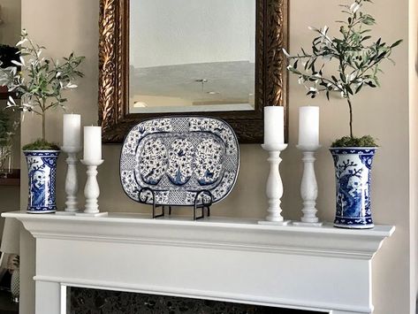 Blue And White Fireplace Decor, Blue And White Mantle Decor, Mantels Ideas Fireplace, White Mantle Decor, Blue And Cream Living Room, Mantle Decorating, White Mantle, White Mantel, Blue And White Living Room