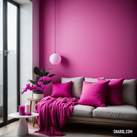 Living room with a couch and a pink wall in the corner of the room with a vase of flowers. Colors, Deep cerise. Cool home furniture. Follow us and visit our site for more amazing content! #boho #Deepcerise #vase #kitchen #color #pink #interiordesign #inspiration #illustration #Colors #funny #graphic #pattern #livingroom #furniture Deep Pink Room, Fuschia Living Room, Berry Living Room, Pink Living Room Walls, Cerise Color, Neoclassical Interior Design, Hot Pink Walls, Raspberry Torte, Living Room Retro