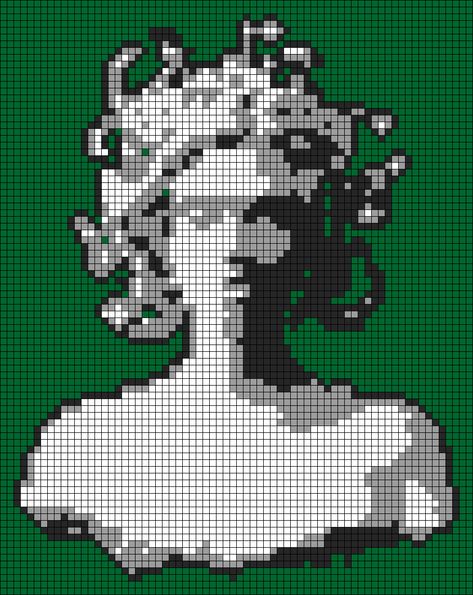 Greek Mythology Crochet, Medusa Alpha Pattern, Greek Pixel Art, Pixel Crochet Pattern Charts, Tapestry Crochet Patterns Charts, Alpha Grid, Alpha Pattern Crochet, Crochet Pixel Art, Alpha Patterns Crochet