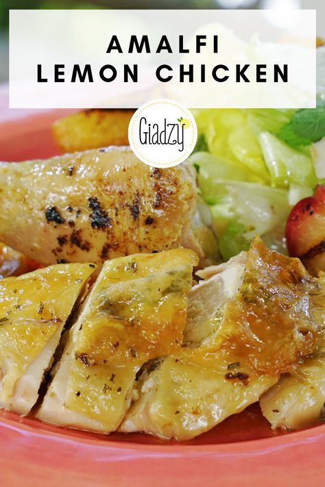 The Amalfi coast is known for its lemons, and this chicken is all about the lemons! Get the juiciest lemons you can, and you just need a few herbs for this simple as can be chicken. Lemoncello Chicken, Giada Lasagna, Giada De Laurentiis Recipes, Giada Recipes, Turkey Dishes, The Amalfi Coast, Mediterranean Diet Recipes, Roasts, Poultry Recipes