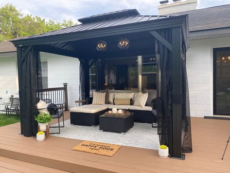 Cheap Backyard Gazebo Ideas, Quick Cheap Backyard Makeover, Gazebo Makeover Diy, Small Backyard With Gazebo Ideas, Canopy Backyard Ideas, Backyard Gazebo Decor, Gazebo Furniture Ideas Backyard, Gazebo On Concrete Patio, Styling A Gazebo