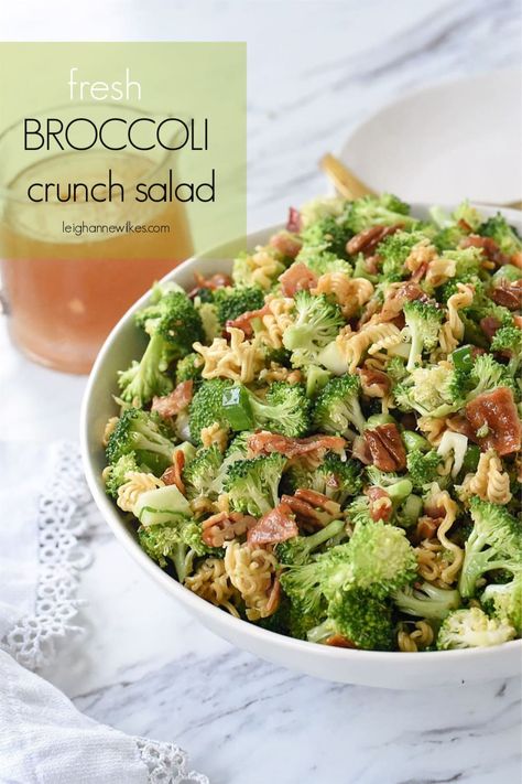 Broccoli Crunch Salad is packed full of crunchy broccoli, crispy bacon, toasted pecans and ramen noodles.  Covered it a light, flavorful dressing it is a delicious way to get more green in your diet Raman Salad, Salad With Ramen Noodles, Broccoli Crunch Salad, Salad Calories, Crunchy Broccoli Salad, Crunchy Broccoli, Ramen Salad, Ramen Noodle Salad, Crunch Salad